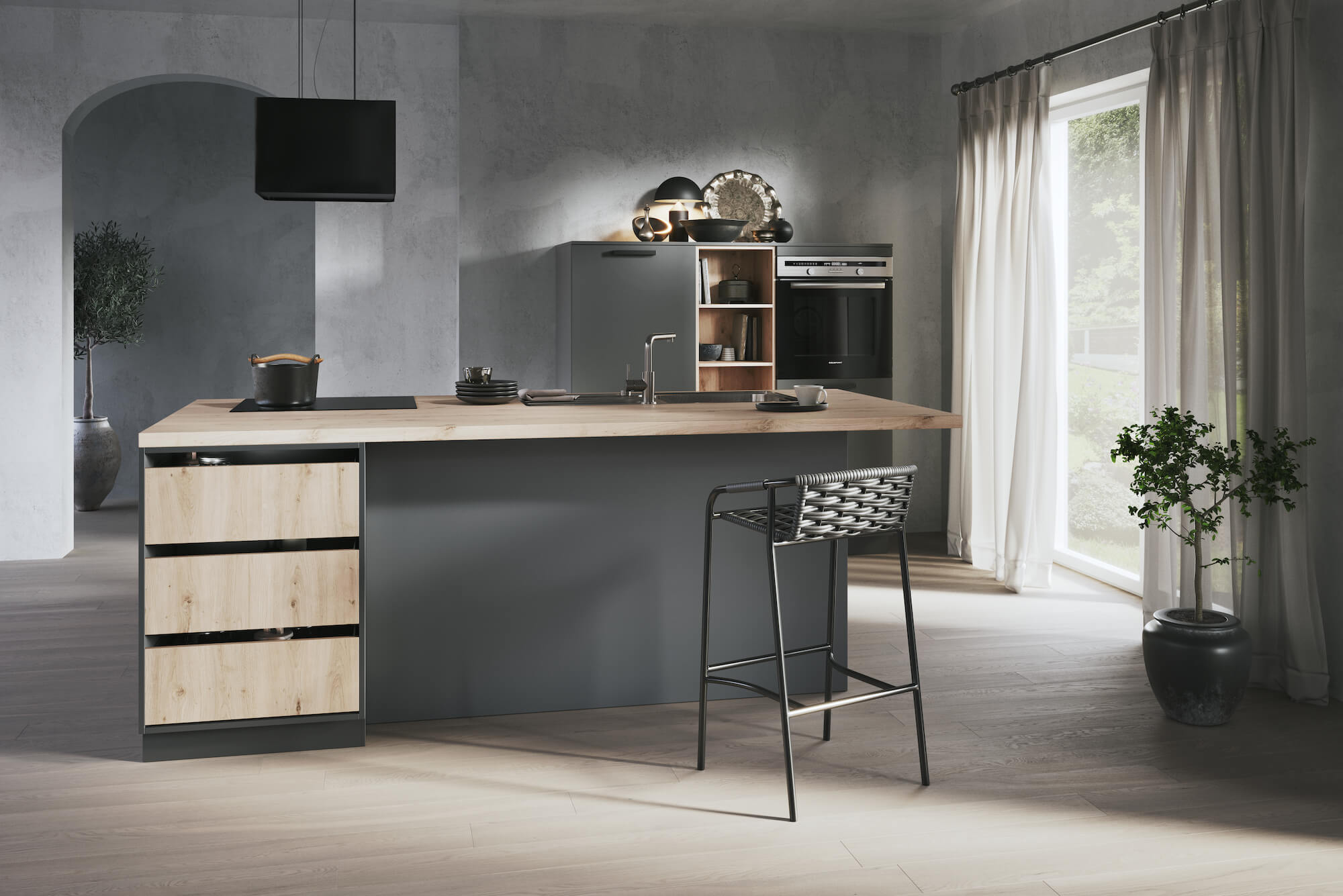 Häcker Inselküche Modern Holz & Graphit