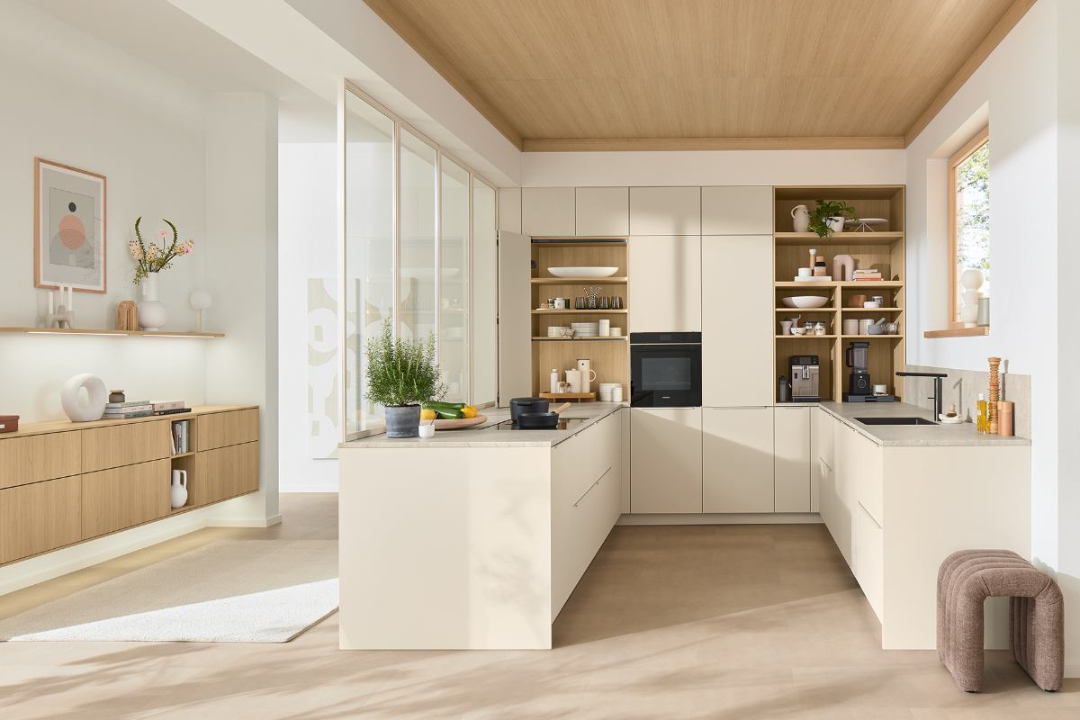 Ballerina U-Küche HPL PRO in Beige und Holzoptik