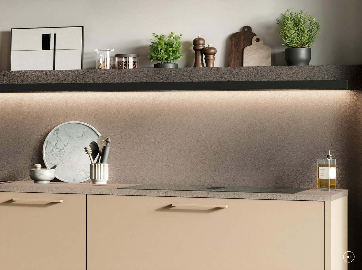 Küchenplanung leicht gemacht: Häcker Arbeitsplatte mit Kochfeld und beleuchtetem Wandregal in Caramel