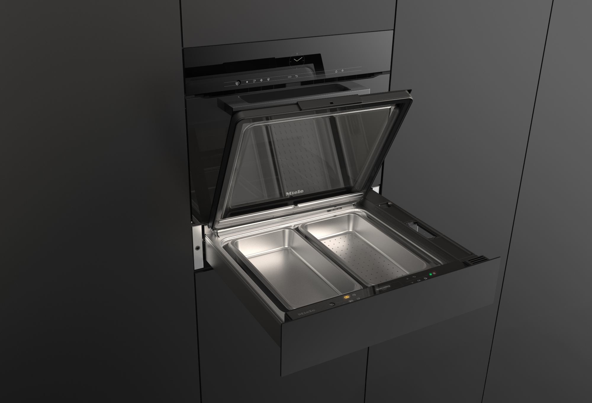 Miele Dampfgarschublade in einer Küche mit schwarzen Fronten